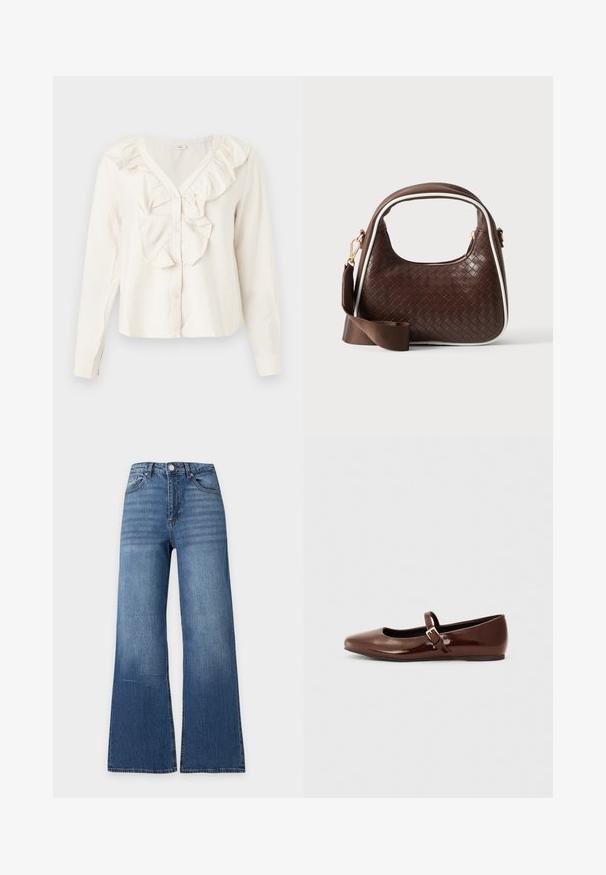 Blusa blanca de manga larga con escote en V, botones delanteros y un borde con volantes alrededor del cuello y el área de los botones.; Vaqueros azules de talle alto con perneras anchas, botón frontal, cremallera y diseño clásico de cinco bolsillos sobre un fondo liso claro.; Bailarina de charol marrón con punta cuadrada y tira que presenta una pequeña hebilla dorada. Textura suave, tacón bajo y diseño minimalista.; Bolso de mano de piel trenzada marrón con ribete blanco, cremallera dorada y correa de hombro de tela marrón desmontable.
