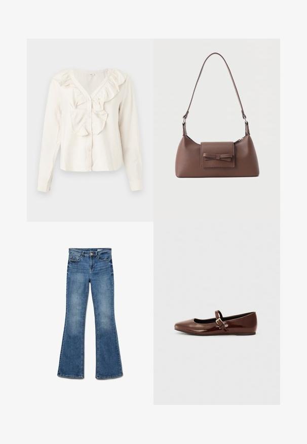 Blouse blanche à manches longues avec décolleté en V, boutons à l'avant et bordure froncée autour du décolleté et de la zone des boutons.; Jean en denim bleu évasé avec une taille mi-haute, présentant une finition soignée, une texture délavée et un design traditionnel à cinq poches.; Ballerine en cuir verni marron avec un bout carré et une lanière ornée d'une petite boucle dorée. Texture lisse, talon bas et design minimaliste.; Sac à bandoulière en cuir marron avec une poche à rabat avant ornée d'un détail en forme de nœud cousu et une sangle réglable.