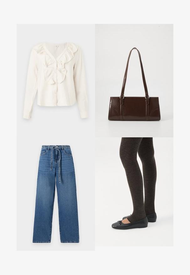 Blusa blanca de manga larga con escote en V, botones delanteros y un borde con volantes alrededor del cuello y el área de los botones.; Jeans de denim azul claro de pierna ancha con cintura alta, que presentan un cierre con lazo, dos bolsillos frontales y un patrón ligeramente deslavado.; Piernas con leggings oscuros acanalados combinados con bailarinas negras que presentan pequeños detalles de lazo sobre un fondo blanco.; Bolso de mano de piel sintética marrón con forma rectangular, dos asas largas y sutiles acentos curvados en la parte delantera.