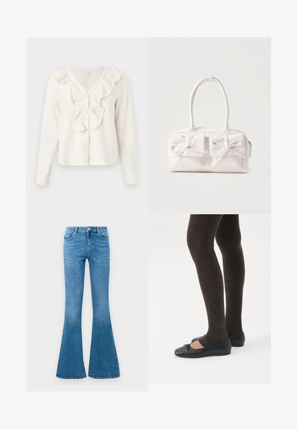 Blusa blanca de manga larga con escote en V, botones delanteros y un borde con volantes alrededor del cuello y el área de los botones.; Jeans de mezclilla azul acampanados con una cintura de media altura, que cuentan con cinco bolsillos, un cierre de botón estándar y un ligero desgastado para dar textura.; Piernas con leggings oscuros acanalados combinados con bailarinas negras que presentan pequeños detalles de lazo sobre un fondo blanco.; Bolso sintético blanco con dos bolsillos delanteros, cada uno con un detalle de lazo atado. Textura suave, asas redondeadas y cierre de cremallera.