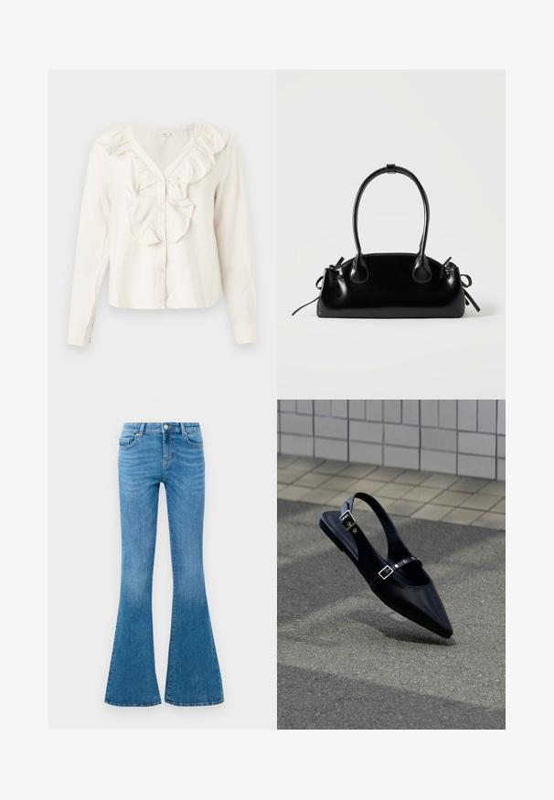 Blouse blanche à manches longues avec décolleté en V, boutons à l'avant et bordure froncée autour du décolleté et de la zone des boutons.; Jean flare en denim bleu avec une taille mi-haute, comportant cinq poches, un bouton standard et un léger délavage pour la texture.; Mocassin noir à bout pointu et bride arrière, avec double boucle, posé sur un asphalt gris près d'un mur carrelé en arrière-plan.; Petit sac à main noir brillant avec deux longues anses et des détails à cordon sur les côtés sur un fond clair uni.