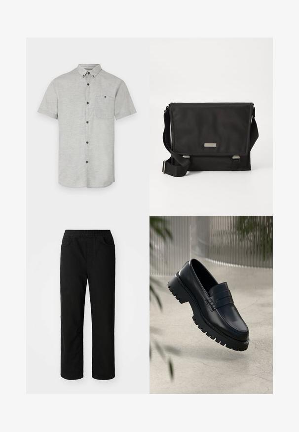 Chemise à manches courtes en tissu gris clair, dotée d'une poche poitrine et de boutons foncés pour le contraste. Texture lisse avec un motif subtil.; Pantalons en coton noir avec une coupe décontractée, taille élastique, deux poches avant et jambes droites. Texture lisse sans motifs visibles.; Mocassins en cuir noir avec une semelle à crampons épaisse, dotés d'une sangle décorative et de détails de couture. Texture lisse avec une finition polie.; Sac messager noir en nylon avec une finition mate. Il dispose d'une fermeture à rabat, d'une sangle réglable et d'une petite plaque en métal avec logo.
