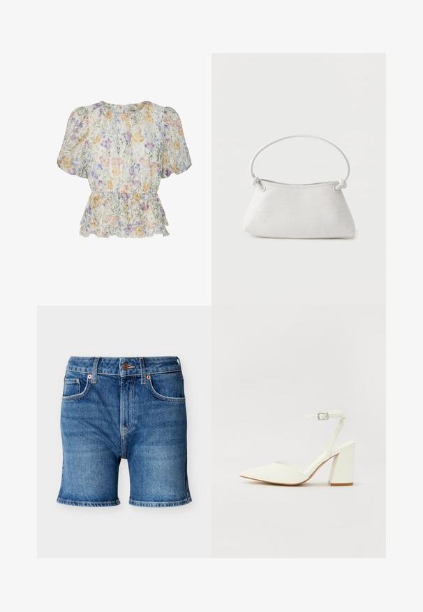 Korte bloemenblouse met pofmouwen, getailleerde taille en ruches onderaan, uitgevoerd in pasteltinten op een lichte achtergrond.; Blauwe denim shorts met knoopsluiting aan de voorkant, riemlussen en meerdere zakken, getoond op een effen lichte achtergrond.; Witte hakken sandaal met een puntige neus, verstelbaar enkelbandje en een stevige vierkante hak. Gladde textuur met minimale stiksels.; Witte handtas van gevlochten leer met een afgeronde handgreep en uiteinden van de band die geknoopt zijn, afgebeeld tegen een effen achtergrond.