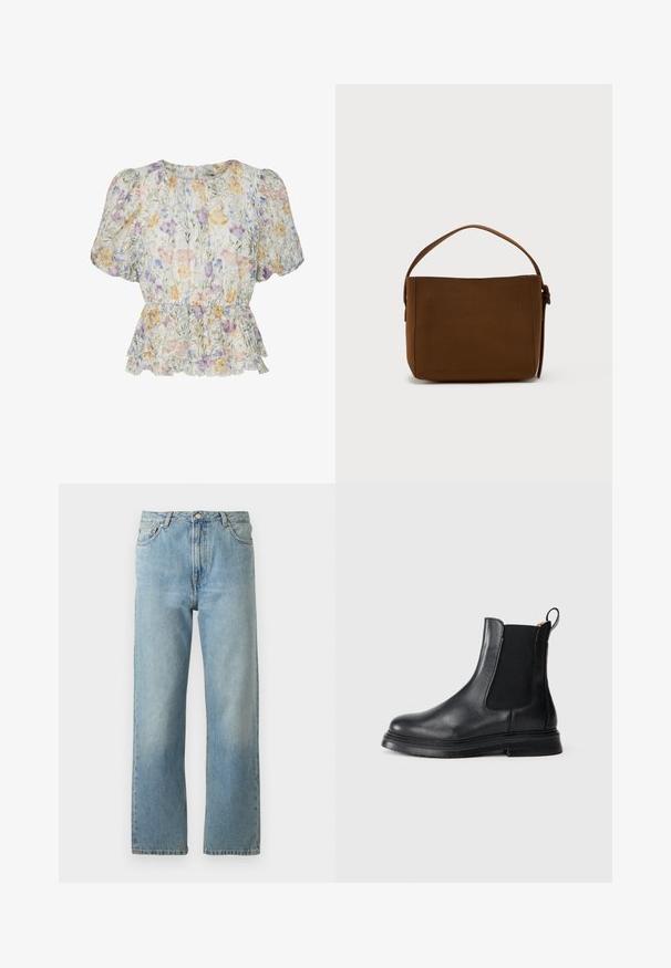 Kurze Bluse mit Puffärmeln, tailliertem Bund und Rüschensaum in Pastellfarben auf hellem Hintergrund.; Hellblaue Denim-Jeans mit geradem Bein, ausgestattet mit einem Fünf-Taschen-Stil und einem Knopfverschluss am Bund.; Schwarze Leder-Chelsea-Stiefel mit elastischen Seitenpaneelen, abgerundeter Zehenpartie und strukturiertem schwarzen Gummisohle. Verfügt über eine Zuglasche für einfaches Anziehen.; Braune rechteckige Schultertasche mit einem einzelnen breiten Griff und Schnallen-Detail, vor einem schlichten weißen Hintergrund.