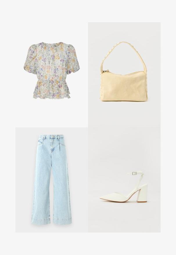Blouse courte à manches bouffantes fleuries, taille cintrée et ourlet à volants dans des couleurs pastel sur un fond clair.; Jeans larges en denim bleu clair, avec une taille haute, des poches avant et des accents cousus à l'ourlet.; Sandale blanche à talon avec un bout pointu, sangle de cheville réglable et un talon carré épais. Texture lisse avec des détails de couture minimaux.; Petit sac à main en cuir beige avec une seule bandoulière et des clous argentés le long des bords et de la bandoulière, posé sur un fond uni.