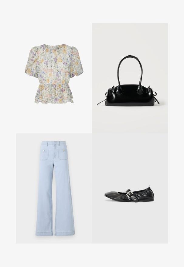 Blouse courte à manches bouffantes fleuries, taille cintrée et ourlet à volants dans des couleurs pastel sur un fond clair.; Jean large en denim bleu clair, avec une taille haute, de grandes poches avant et des accents métalliques sur les poches arrière.; Chaussure plate en cuir noir avec un nez pointu, des détails froncés autour de l'ouverture et un accent en boucle argentée sur la bride ajustable.; Petit sac à main noir brillant avec deux longues anses et des détails à cordon sur les côtés sur un fond clair uni.
