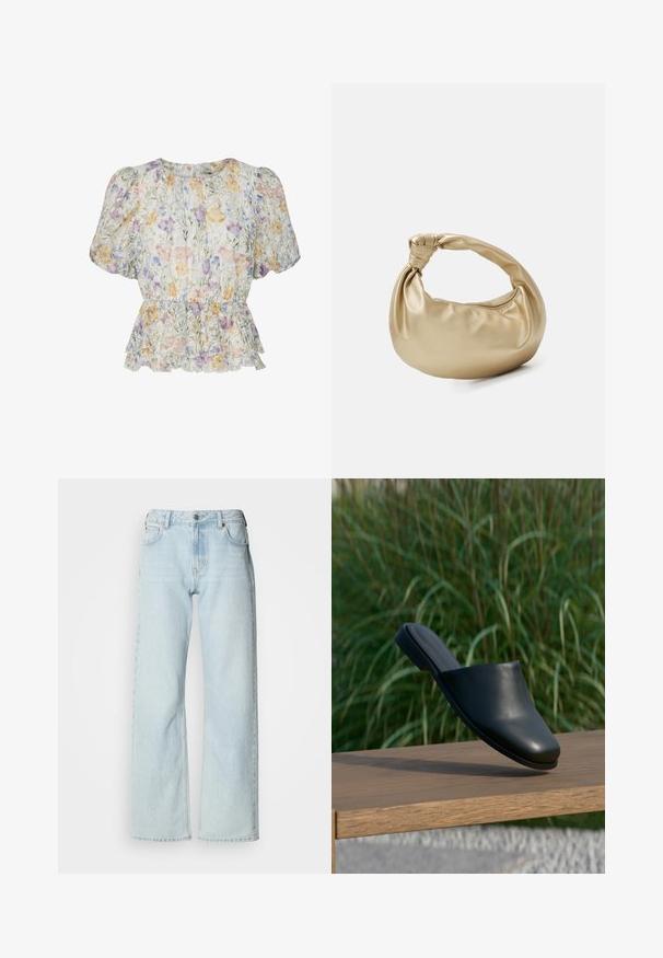 Korte bloemenblouse met pofmouwen, getailleerde taille en ruches onderaan, uitgevoerd in pasteltinten op een lichte achtergrond.; Lichtblauwe jeans met wijd uitlopende pijpen, gemaakt van denim. Voorzien van een klassiek ontwerp met vijf zakken, broekriemlussen en een knoopsluiting. Licht verweerde uitstraling.; Zwarte leren instap mule schoen zwevend boven een houten bank met hoog groen gras op de achtergrond.; Gouden metalen handtas met een gladde, glanzende textuur. Voorzien van een geknoopte handgreep en een ronde, zachte vorm. Ritsluiting aan de bovenkant.