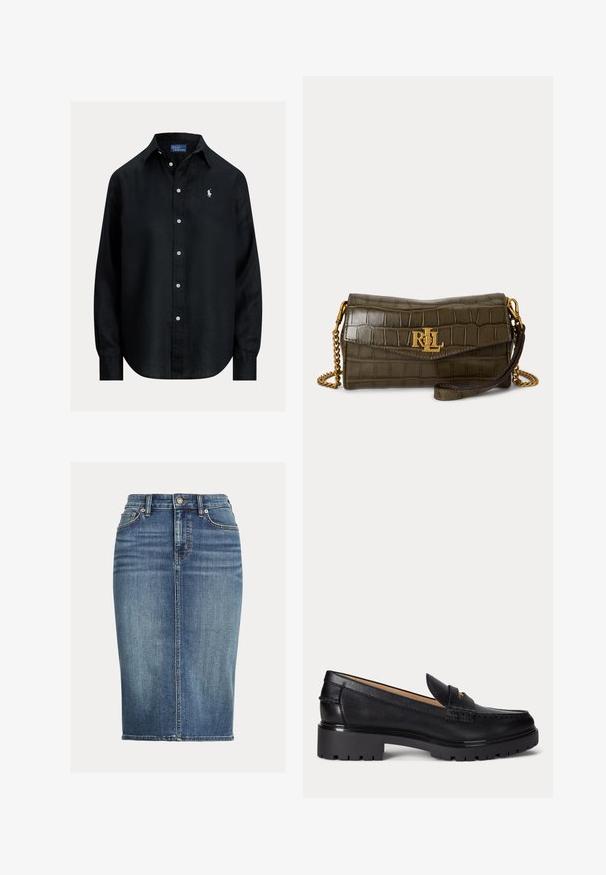 Zwart overhemd met lange mouwen, knopen, kraag, witte knopen en klein wit geborduurd Polo Ralph Lauren-logo op de linkerborst.; Denim midirok in mediumblauw met een rechte snit, voor- en achterzakken, en subtiele vervaging langs de stof voor extra textuur.; Zwarte leren loafer met dikke profielzool, lage hak en decoratief bandje aan de voorkant.; Donkergroene clutch van krokodillenprint leer met gouden RL-logo, gouden kettingriem en polslus op een effen achtergrond.