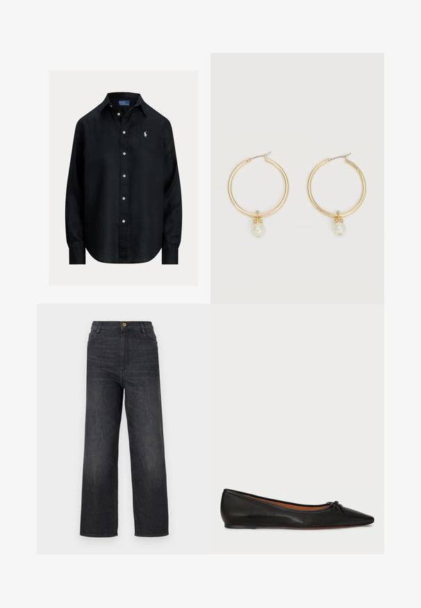 Zwart overhemd met lange mouwen, knopen, kraag, witte knopen en klein wit geborduurd Polo Ralph Lauren-logo op de linkerborst.; Donkergrijze denim jeans met een recht model, voorzien van een sluiting met een knoop aan de voorkant, vijf zakken en subtiele vervaging langs de benen.; Zwarte leren balletschoenen met een spitse neus, slanke silhouet en een klein strikdetail aan de voorkant. Gladde textuur en minimalistisch ontwerp.; Gouden oorringen in de vorm van een ring, elk met een enkele hangende witte parel en een klein detail van strasssteentjes op een lichte achtergrond.