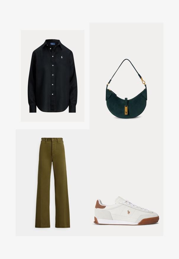 Sort skjorte med lange ærmer, knapper, krave, hvide knapper og lille hvid broderet Polo Ralph Lauren-logo på venstre bryst.; Khaki bukser med brede ben lavet af bomuldsstof. Har høj talje, knaplukning foran og lige, fuldlængde ben.; Hvid sneaker med lavt skaft med brune ruskindsdetaljer ved hæl og tå, hvide snørebånd og et lille brunt broderet logo på siden.; Mørkegrøn ruskind skuldertaske med buet form, guldtonet hardware og en kort rem med låsedetaljer.