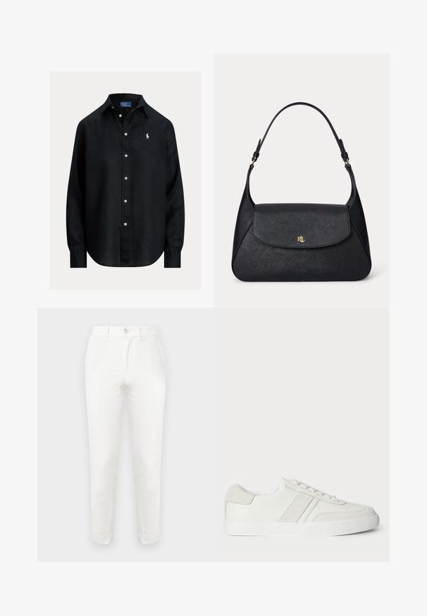 Must pikkade varrukatega triiksärk, nööpidega, kraega, valgete nööbidega ja vasakul rinnal väike valge tikandiga Polo Ralph Lauren logo.; Valged puuvillased püksid kitsas lõikega, millel on lihtne nööpkinnitusega ees, tasane esipaneel ja kitsenevad sääred. Kanga pind on sile ja vähese tekstuuriga.; Valge tennisaken sileda nahkupperiga, sametiste detailidega ja lamedate paeltega. Omab tekstureeritud kummist tallat ja minimalistlikku disaini.; Mustast tekstuurse nahaga õlakott kõverdatud klapiga ja kuldse "RL" logoga esiküljel, reguleeritava rihmaga ja kuldse riistvaraga.