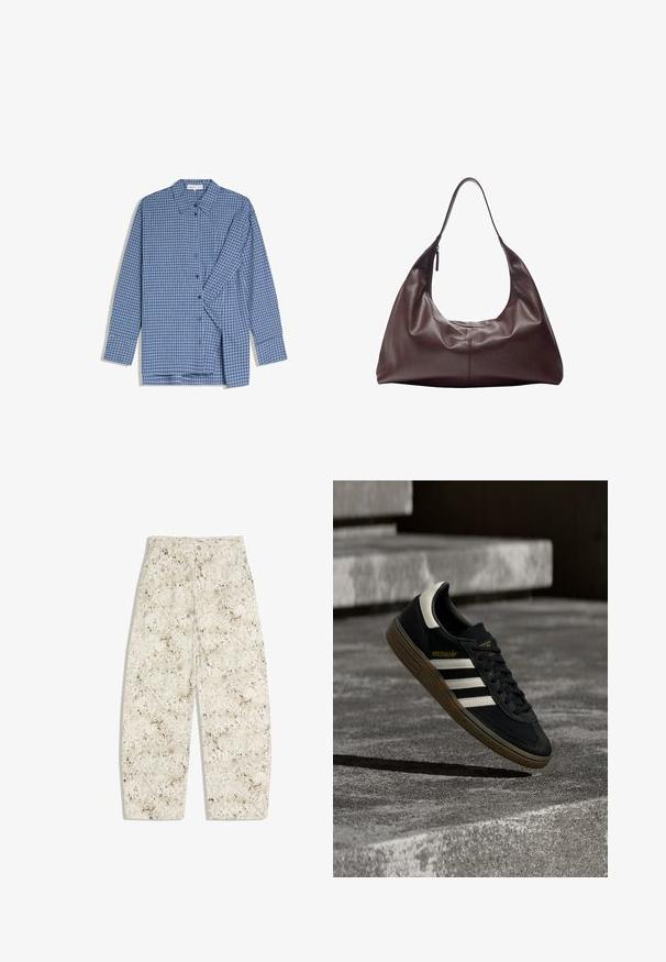 Chemise à manches longues à carreaux bleus et blancs, boutonnée avec col, posée à plat, une manche légèrement repliée sur le devant.; Pantalon droit taille haute avec un motif tacheté beige et marron, bouton sur le devant, passants pour ceinture et poches latérales.; Baskets Adidas noires avec des bandes blanches et une semelle en gomme flottant au-dessus d'escaliers en béton gris sous une lumière naturelle.; Sac à bandoulière en cuir brun foncé avec une seule sangle et une fermeture éclair sur un côté, structure souple et décontractée, texture lisse.