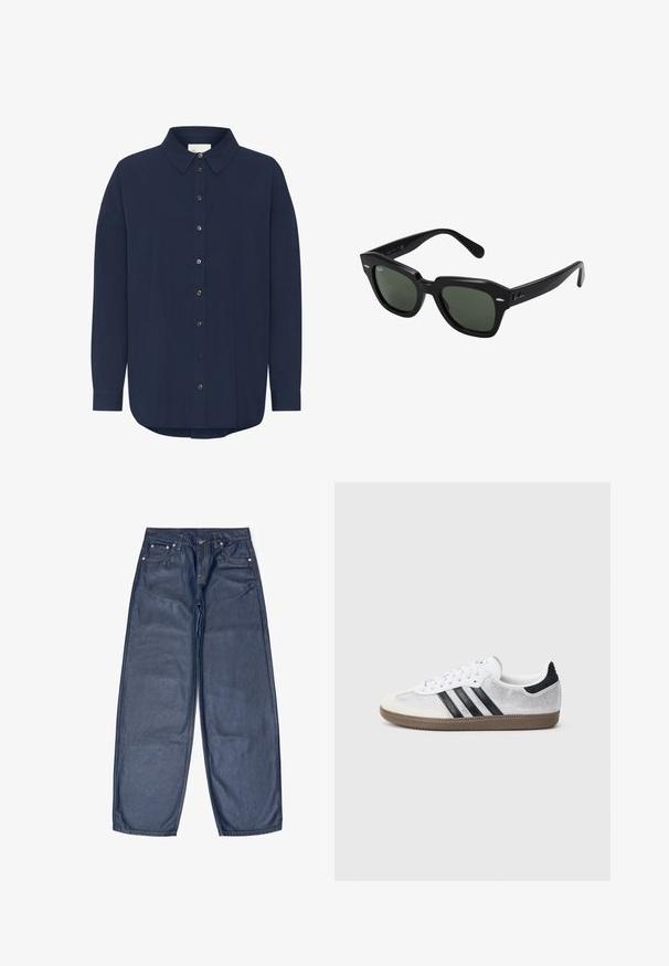 Camisa de manga larga azul marino oscuro con cuello clásico, cierre de botones en la parte delantera y un corte relajado. Presenta una sutil textura y un dobladillo redondeado.; Pantalones de mezclilla azul oscuro, diseño de pierna ancha, con cinco bolsillos, herrajes de color cobre, costuras visibles y una textura suave.; Zapatilla blanca de malla con rayas negras, puntera y detalle en el talón de ante beige, suela de goma texturizada y cordones blancos. Diseño clásico de corte bajo.; Gafas de sol cuadradas negras con lentes verde oscuro, con montura audaz y acentos plateados en los laterales. Fabricadas en Italia.
