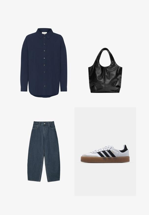 Mørknavy langærmet skjorte med klassisk krave, knaplukning foran og en afslappet pasform. Har subtil tekstur og rundet underkant.; Mørkeblå denim buede bukser med høj talje, som har fem lommer og synlige stingdetaljer. Ren, minimalistik design.; Hvide lædersneakers med sorte striber, gummirubber sål, rund tå, snørelukning og blød grå ruskinds tåhætte.; Sort læder tote taske med en glat overflade, en blød, afrundet top og brede håndtag. Har minimal syning og en afslappet silhuet.