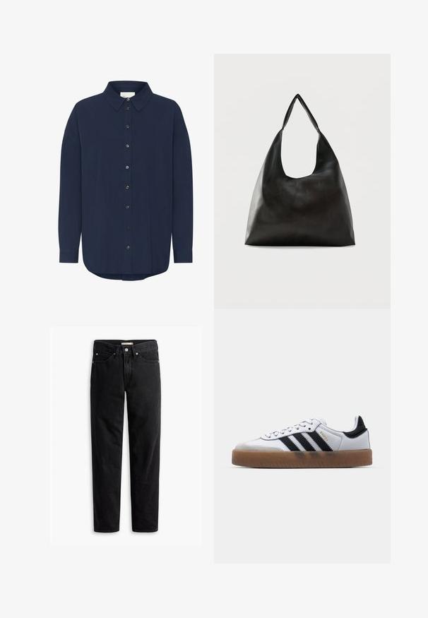 Chemise à manches longues bleu marine foncé avec un col classique, fermeture à boutons sur le devant et coupe décontractée. Présente une texture subtile et un ourlet arrondi.; Jeans noirs à jambe droite avec fermeture à bouton et à zip, passants de ceinture et poches avant et arrière, présentés à plat sur un fond blanc.; Baskets en cuir blanc avec des rayures noires, semelle extérieure en caoutchouc beige, bout rond, fermeture lacée et embout en suède gris doux.; Sac bandoulière en cuir noir lisse avec une large sangle unique et un design décontracté et minimaliste sur un fond uni.