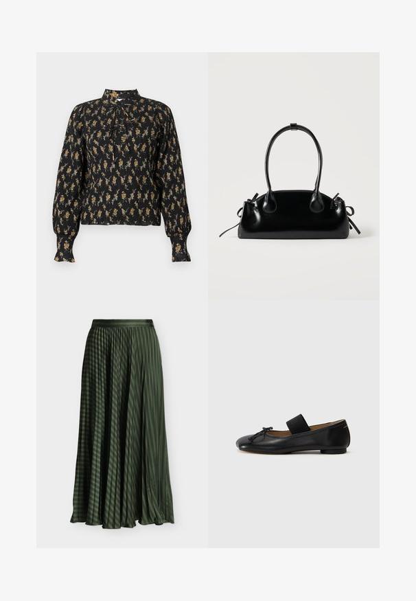 Blouse noire à manches longues avec un motif floral orange et beige, texture froncée, col montant et détails noués à l'avant.; Longue jupe plissée vert foncé avec des rayures noires diagonales et une ceinture, présentée sur un fond blanc.; Ballerines en cuir noir avec un bout arrondi, un petit nœud décoratif et une lanière élastique sur le cou-de-pied pour un maintien sécurisé. Semelle plate.; Petit sac à main noir brillant avec deux longues anses et des détails à cordon sur les côtés sur un fond clair uni.