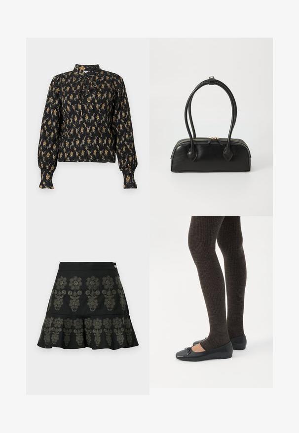Blouse noire à manches longues avec un motif floral orange et beige, texture froncée, col montant et détails noués à l'avant.; Jupe noire avec broderie florale en gris foncé. Elle présente un ourlet évasé et une taille structurée avec une fermeture à pression métallique.; Jambes portant des leggings côtelés foncés associés à des ballerines noires avec de petits détails en nœud sur fond blanc.; Sac à main en cuir noir avec deux anses allongées, fermeture éclair et forme arrondie ; texture lisse avec une finition légèrement brillante.