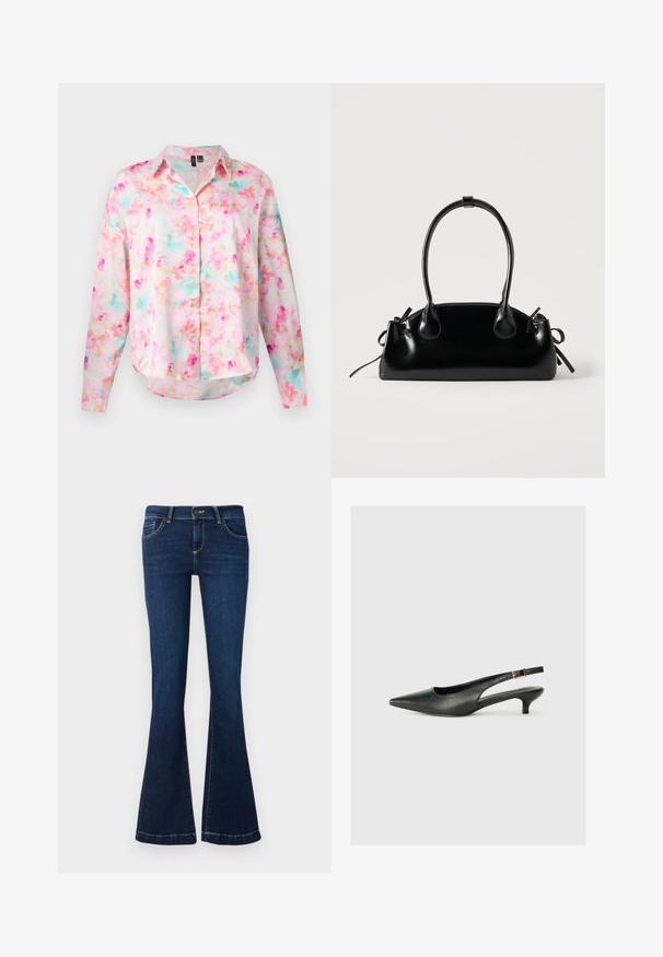 Camisa de botones en una tela ligera, con un patrón floral en tonos de rosa, azul y amarillo. Mangas largas con un dobladillo redondeado.; Jeans acampanados de color azul oscuro fabricados en denim, con bolsillos frontales y costuras amarillas a lo largo de las costuras. Cintura estándar y cremallera.; Zapato de tacón slingback negro de punta afilada, hecho de cuero suave. Presenta un tacón delgado y un detalle de hebilla en la correa ajustable.; Pequeño bolso negro brillante con dos asas largas y detalles de cordón lateral sobre un fondo claro liso.