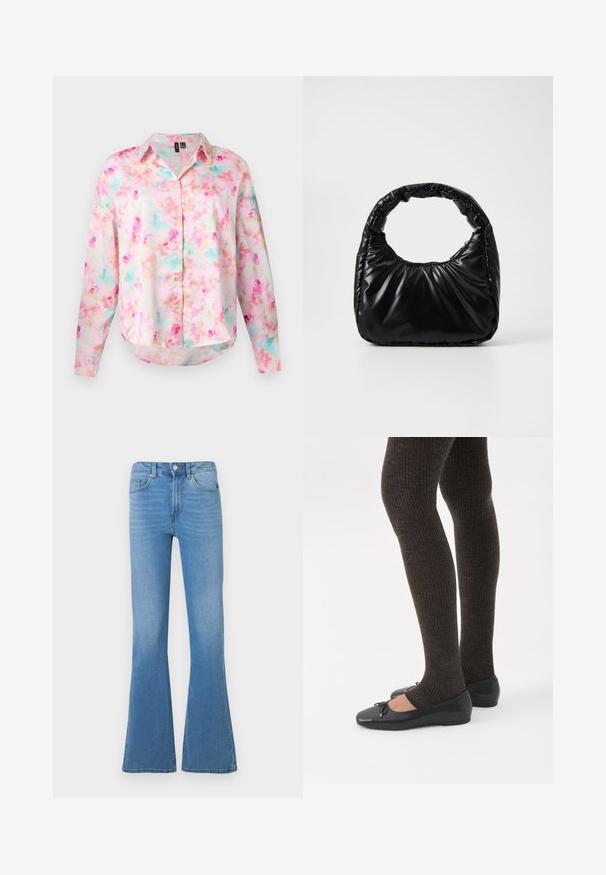 Camisa de botones en una tela ligera, con un patrón floral en tonos de rosa, azul y amarillo. Mangas largas con un dobladillo redondeado.; Vaqueros acampanados de mezclilla azul claro con cintura de talle medio, que cuentan con bolsillos delanteros y cierre de botón. Textura suave y diseño clásico de cinco bolsillos.; Piernas con leggings oscuros acanalados combinados con bailarinas negras que presentan pequeños detalles de lazo sobre un fondo blanco.; Bolso negro acolchado con un asa redondeada, que presenta una superficie lisa y brillante y una textura suave y acolchada. Sin herrajes ni acentos visibles.