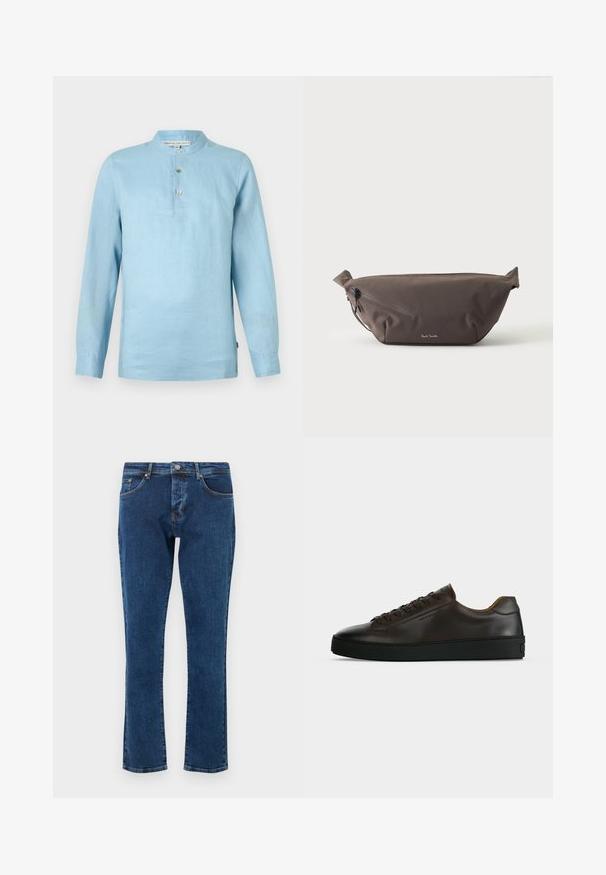 Camisa de manga larga de color azul claro hecha de lino. Cuello alzado con tres botones. Textura suave y ajuste relajado. Presenta una etiqueta de marca en el interior.; Vaqueros de mezclilla azul oscuro con diseño de pierna recta, cinco bolsillos y un botón de metal en la cintura. Textura suave con un desvanecimiento mínimo.; Zapatilla de perfil bajo de cuero marrón oscuro con suela de goma negra, cierre de cordones y diseño liso y minimalista sobre un fondo claro.; Riñonera de tela marrón oscuro con bolsillo diagonal con cremallera y pequeño logo blanco en el frontal, sobre un fondo liso y claro.