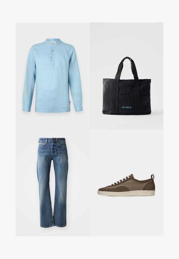 Himmelblaues Langarmhemd aus Leinen. Stehkragen mit drei Knöpfen. Sanfte Textur und lockerer Schnitt. Enthält ein Markenetikett innen.; Jeans aus Denim in einem hellen bis mittleren Blauton, mit geradem Schnitt, klassischem Fünf-Taschen-Design und subtiler Ausbleichung auf der Vorderseite.; Flacher brauner Sneaker mit weißen Schnürsenkeln, beiger Sohle, Obermaterial aus Stoff und Wildleder, seitlicher Zuglasche und "Tiger of Sweden"-Logo in goldener Schrift.; Schwarze Canvas-Tragetasche mit zwei Henkeln, Fronttasche und „LES DEUX“ in Blau auf der Fronttasche bestickt.