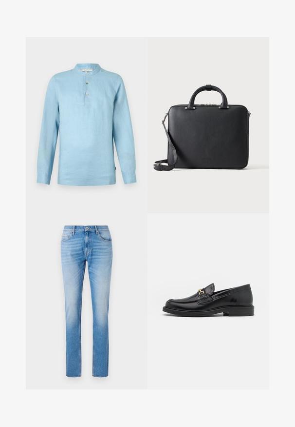 Camisa de manga larga de color azul claro hecha de lino. Cuello alzado con tres botones. Textura suave y ajuste relajado. Presenta una etiqueta de marca en el interior.; Vaqueros de mezclilla azul claro con corte recto, que presentan un diseño clásico de cinco bolsillos, costuras en contraste y un ligero efecto de desvanecimiento.; Mocasines de cuero negro con punta redondeada, que cuentan con un detalle de herrajes dorados y costuras, situados sobre una suela de goma texturizada y baja.; Maletín de cuero negro texturizado con asas dobles, correa de hombro desmontable y cierre superior con cremallera sobre un fondo claro y liso.