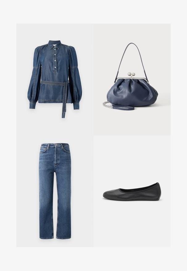 Chemise en denim avec col, patte de boutonnage et manches bouffantes. Dotée d'une taille ceinturée et de coutures contrastées. Couleur bleu foncé.; Jeans taille haute en denim bleu, avec une coupe droite, cinq poches et des détails en métal cuivré. Texture lisse et design classique.; Ballerines en cuir noir avec un bout rond, texture lisse, détails de couture minimalistes et design de semelle flexible.; Sac à main en cuir bleu marine doux avec fermeture à boucle argentée, une seule bandoulière, et une chaîne de poignet amovible sur fond blanc.