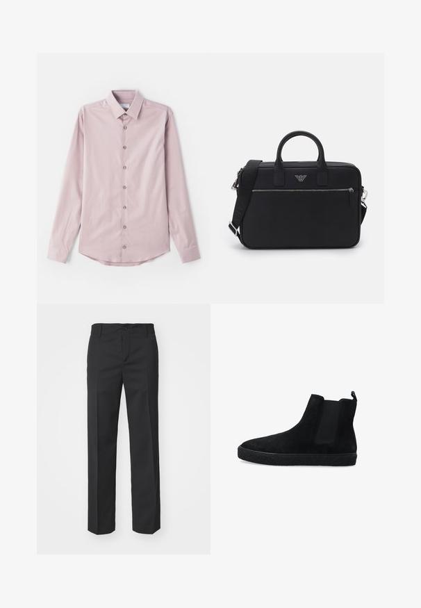 Lys rosa langærmet skjorte lavet af glat stof. Har en knap-ned krave og syv frontknapper med sølvdetaljer. Krum afslutning.; Filippa K TROY TROUSERS - Bukser - black; Sorte ruskind ankelstøvler med elastiske sidepaneler og en struktureret sort gummisål. Har en pull tab bagpå for nem påtagning.; Sort laptop taske lavet af holdbart materiale, med to top hændler, en aftagelig skulderrem og en frontlomme med lynlås og logo accent.