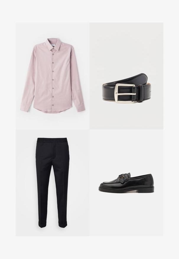 Camisa de manga larga rosa claro hecha de tela suave. Presenta un cuello abotonado y siete botones frontales con acentos plateados. Dobladillo curvado.; Pantalones negros de tela ligera, con una cintura elástica, bolsillos laterales y puños enrollados. Textura suave con pliegues en la parte delantera.; Mocasines de cuero negro con punta redonda y un acento decorativo de hebilla. Tacón plano y sólido, con una textura suave en todo el zapato.; Cinturón de cuero negro enrollado con una hebilla de metal rectangular plateada y costuras visibles a lo largo de los bordes.