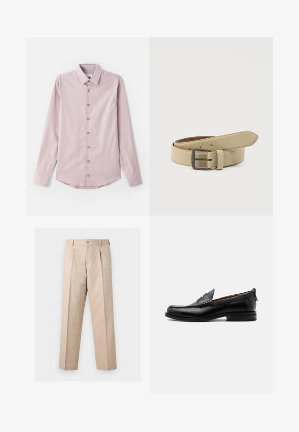Lichtroze langslijfshirt van gladde stof. Heeft een button-down kraag en zeven voorknopen met zilverkleurige accenten. Afgeronde zoom.; Beige recht vallende broek met plooien, knoopsluiting, riemlussen en een getailleerde pasvorm.; Zwarte leren herensloffen met moc toe stiksel, pennyriem, gestructureerde kraag en lage gestapelde hak op witte achtergrond.; Beige suède riem met een rechthoekige donkere metalen gesp, meerdere verstelgaatjes en een gestikte lus op een witte achtergrond.