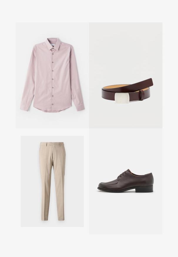 Lys rosa langærmet skjorte lavet af glat stof. Har en knap-ned krave og syv frontknapper med sølvdetaljer. Krum afslutning.; Beige tapered bukser lavet af letvægtsstof, med forreste folder, to sidelommer og en glat tekstur.; Brune lædersko til mænd med en glat overflade, rund tå og lukket snørebåndsdesign. Har en lav, stablet hæl og diskrete syninger.; Brunt læderbælte med en rektangulær sølvspænde, glat tekstur og en kontrasterende lysere inderforing. Enkel, klassisk design.