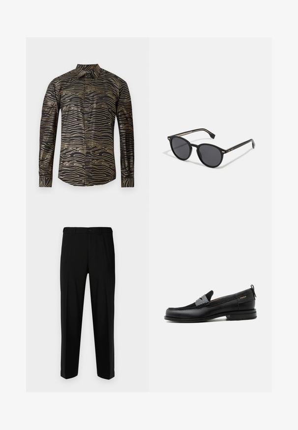Chemise noire ornée d'un motif doré sinueux, à manches longues et col classique, fabriquée en tissu lisse avec une finition brillante.; Pantalon noir en tissu lisse, présentant une coupe droite, deux poches avant et une fermeture à glissière avec bouton.; Mocassin en cuir noir avec détail de bride grise, talon bas et semelle texturée, marqué "HUGO" en or sur le côté.; BOSS Lunettes de soleil - black