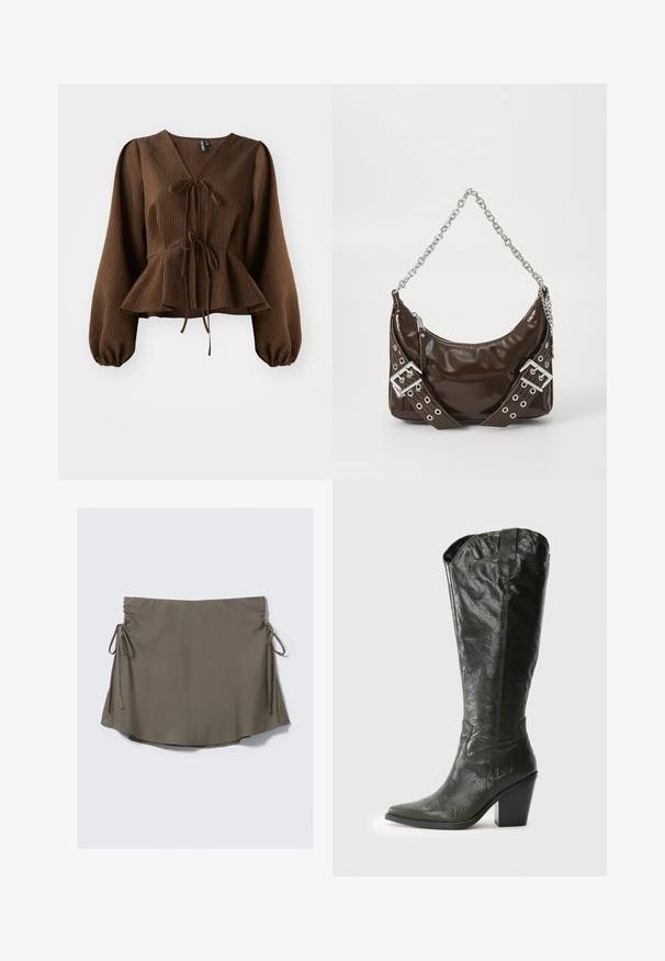 Pruun, soonikkärgistusega blousee pikka, puhvärvilisel varrukatel, V-kaeluse ja talje lipsuga, mis rõhutab peplum-kuju. Kerge kangast tekstuur.; Khaki varruka seelik külgtietega, valmistatud siledast kangast. Omab kaardus serva ja vöökoha ümber voltidega detaili, mis võimaldab reguleeritavat sobivust.; Mustakohvane sünteetilisest nahast kõrge Western-stiilis saabas, millel on terav varvas ja plokk konts, valgel taustal.; Tumepruun patiintnahast käekott hõbedase ketstriidega, dekoratiivsete topeltpandlitega ja lukuga sulgemisega.
