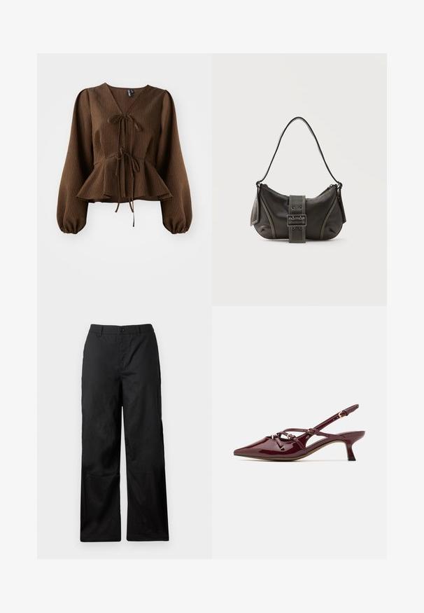 Pruun, soonikkärgistusega blousee pikka, puhvärvilisel varrukatel, V-kaeluse ja talje lipsuga, mis rõhutab peplum-kuju. Kerge kangast tekstuur.; Mustad, laiad püksid siledast kangast. Sisaldab nööbiga kinnitust ja vöörihmasid. Ei ole nähtavaid mustreid ega aksessuaare.; Burgundia patendi nahast piitsa kingad terava nina, väikese kandaga, dekoratiivsete rihmade detailidega ja läikiva viimistlusega.; Mustast nahast õlakott pandlanööriga detailiga, kõverate servade ja kontrastse valge õmblusega tavalise tausta peal.