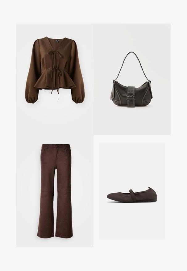 Blusa marrón con cuello en V, de manga larga y abullonada, con un lazo en la cintura que acentúa una forma de peplum. Textura de tela ligera.; Pantalones de campana marrones en un tejido suave y parecido al ante. Presentan cuatro bolsillos, un cierre de botón y una superficie lisa y texturizada.; Zapato plano de ballet marrón con correa elástica y puntera redondeada, mostrado sobre un fondo blanco, vista lateral.; Bolso de hombro de cuero negro con detalle de correa con hebilla, bordes curvos y costuras blancas en contraste sobre un fondo liso.