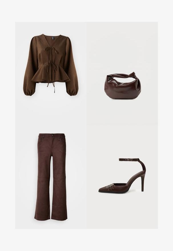 Brun, ribbet bluse med lange, puffede ærmer, V-hals og en taljebånd, der fremhæver en peplum-form. Letvægts stoftekstur.; Brune flagrende bukser i et blødt, suede-lignende stof. Har fire lommer, en knaplukning og en glat, tekstureret overflade.; Brun læder højhælet sko med spids tå, tre små sølvspænder foran og justerbar ankelrem med spænde.; Mørkebrun læder skuldertaske med en blød, afslappet form og et snoet knudehåndtag på en ensartet hvid baggrund.