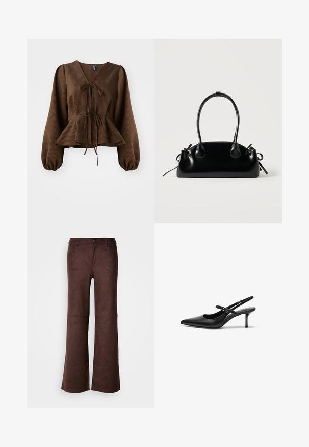 Pruun, soonikkärgistusega blousee pikka, puhvärvilisel varrukatel, V-kaeluse ja talje lipsuga, mis rõhutab peplum-kuju. Kerge kangast tekstuur.; Pruunid laiad püksid pehmest, nahkjas kangast. Omavad nelja taskut, nööbiga kinnitamist ja siledat, tekstuurset pinda.; Mustad nahast slingback-kontsad terava varba ja peene reguleeritava rihmaga, umbes 5 cm kõrguse stiletto-kontsaga, siledast tekstuurist.; Väike must läikiv käekott kahe pika sangaga ja külgedel paelakinnitustega, ühel lihtsal helel taustal.