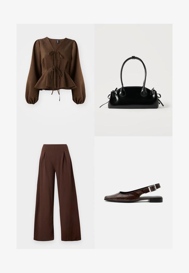 Brun, ribbet bluse med lange, puffede ærmer, V-hals og en taljebånd, der fremhæver en peplum-form. Letvægts stoftekstur.; Bredde benbukser i mørkebrunt stof, med høj talje, frontendede folder og en glat tekstur. Velegnet til forskellige anledninger.; Mørkebrun læderslingback flad sko med firkantet tå, krokodille tekstur og sølvspænde på remmen.; Lille sort blank håndtaske med to lange håndtag og snøre-detaljer i siden på en ensfarvet lys baggrund.