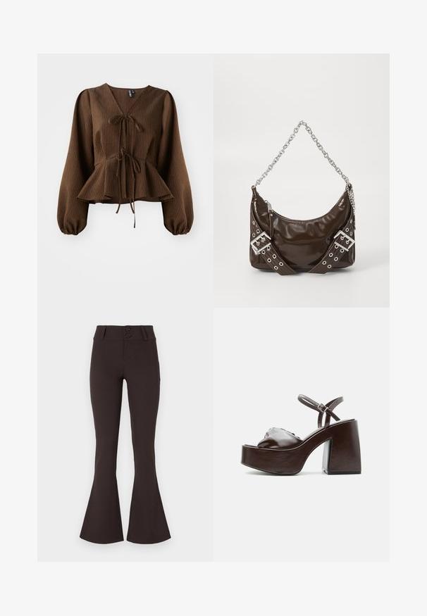 Blusa marrón con cuello en V, de manga larga y abullonada, con un lazo en la cintura que acentúa una forma de peplum. Textura de tela ligera.; Pantalones acampanados marrones hechos de tela elástica. Presentan una cintura alta con dos botones y una textura suave. Sin patrones ni adornos.; Sandalia de plataforma de cuero marrón oscuro con tacón grueso de bloque, puntera abierta y correa ajustable en el tobillo con hebilla metálica.; Bolso de mano de cuero patentado marrón oscuro con cadena plateada, cinturones decorativos de doble hebilla y cierre de cremallera.