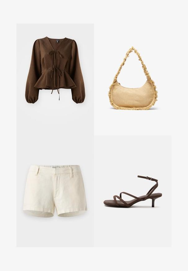 Blusa marrón con cuello en V, de manga larga y abullonada, con un lazo en la cintura que acentúa una forma de peplum. Textura de tela ligera.; Pantalones cortos de lino en color beige claro. Presentan una cinturilla plana, bolsillos delanteros y un dobladillo limpio. Diseño simple y minimalista.; Sandalia marrón de tacón alto con tiras finas cruzadas y una correa en el tobillo con una hebilla plateada sobre un fondo blanco.; Bolso beige texturizado con forma redondeada, con un borde deshilachado a lo largo de los lados y una correa corta para llevar. Apertura con cremallera en la parte superior.