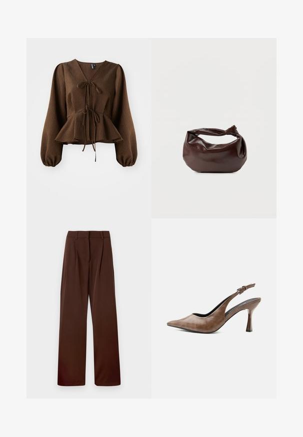 Blusa marrón con cuello en V, de manga larga y abullonada, con un lazo en la cintura que acentúa una forma de peplum. Textura de tela ligera.; Pantalones de pierna ancha en un rico color marrón, fabricados con una tela suave, con una parte delantera plana, dos pliegues y pasadores en la cintura.; Zapato destalonado de piel marrón con tacón alto, punta estrecha, tira ajustable con hebilla y tacón delgado y cónico.; Bolso de hombro de cuero marrón oscuro con una forma suave y caída, y un asa con nudo torcido sobre un fondo blanco liso.