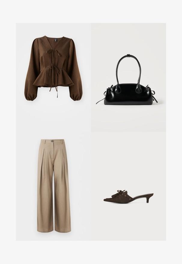Brun, ribbet bluse med lange, puffede ærmer, V-hals og en taljebånd, der fremhæver en peplum-form. Letvægts stoftekstur.; Beige vidde bukser med for-pressedur, knaplukning, bæltestropper og en glat stoffinish, vist mod en hvid baggrund.; Mørkebrun ruskindspunktet mule med lav kittenhæl, dekorative kvaster og blonderdetalje på hvid baggrund.; Lille sort blank håndtaske med to lange håndtag og snøre-detaljer i siden på en ensfarvet lys baggrund.