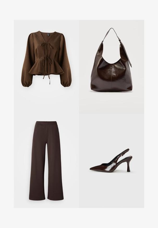 Brun, ribbet bluse med lange, puffede ærmer, V-hals og en taljebånd, der fremhæver en peplum-form. Letvægts stoftekstur.; Viddebukser i mørkebrun, lavet af blødt stof med elastisk talje og en ren kantfinish, ideelle til komfort og afslappet brug.; Brune patenterede læderslingback-sandaletter med spids tå, en tynd hæl og justerbar rem med en lille spænde.; Mørkebrunt, skinnende læder skuldertaske med en enkelt bred rem og spændedetalje på den ene side, sat mod en ensartet lys baggrund.