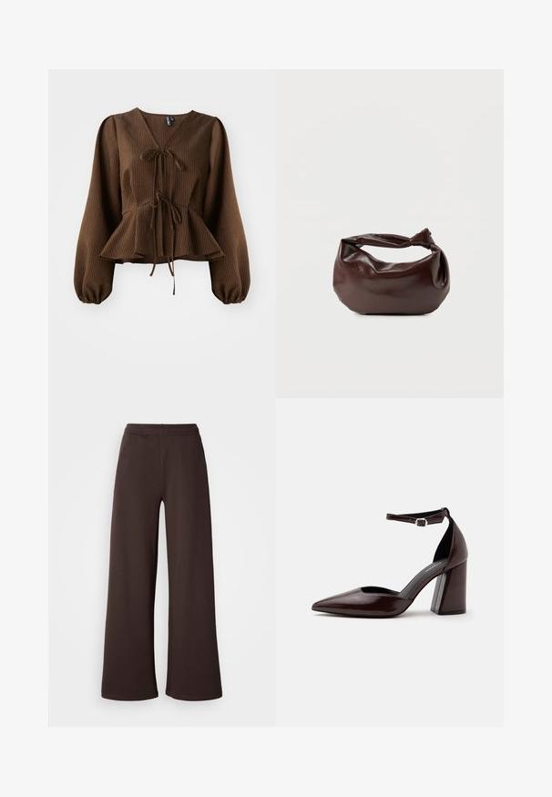 Blusa marrón con cuello en V, de manga larga y abullonada, con un lazo en la cintura que acentúa una forma de peplum. Textura de tela ligera.; Pantalones de pierna ancha en marrón oscuro, fabricados en un tejido suave con una cintura elástica y un acabado de dobladillo limpio, ideales para la comodidad y el uso casual.; Zapato de tacón alto de cuero marrón oscuro con punta puntiaguda, correa en el tobillo y hebilla plateada sobre fondo blanco.; Bolso de hombro de cuero marrón oscuro con una forma suave y caída, y un asa con nudo torcido sobre un fondo blanco liso.