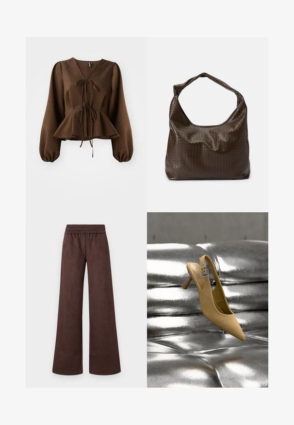 Pruun, soonikkärgistusega blousee pikka, puhvärvilisel varrukatel, V-kaeluse ja talje lipsuga, mis rõhutab peplum-kuju. Kerge kangast tekstuur.; Pruunid laiad püksid, mis on valmistatud pehmest kangast, millel on elastne vöökoht ja sile, mati tekstuur, ilma nähtavate taskute või mustriteta.; Beežist seemisnahast slingback stiilis madala kontsaga kinga hõbedase pandlaga, mis asub läikiva metallilise tuftitud pinna kohal.; Pruun punutud nahast kott, mis on loobitud kujuga, ühe käepidemega ja tekstuurse pinnaga. Omab pehmet, läikivat viimistlust ja ümarad servad.