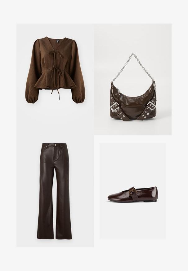 Pruun, soonikkärgistusega blousee pikka, puhvärvilisel varrukatel, V-kaeluse ja talje lipsuga, mis rõhutab peplum-kuju. Kerge kangast tekstuur.; Vero Moda Wide-leg VMTESSA High rise - Püksid - chocolate torte; Tumepruun läikiva nahaga madal king, millel on suur kuldne pandlaga rihm ja ümardatud nina, nähtud külgprofiilis valgel taustal.; Tumepruun patiintnahast käekott hõbedase ketstriidega, dekoratiivsete topeltpandlitega ja lukuga sulgemisega.