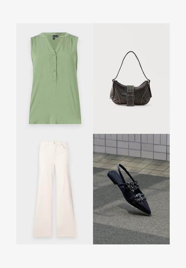Svetlozelený bezrukávový top s predným zapínaním na gombíky, výstrihom do V, zhromaždenými detailami na pleciach a hladkou textúrou.; ONLY Wide-fit ONLMADISON High waist Wide Leg Fit - Široké nohavice - ecru; Čierna plochá sandála so špicatou špičkou, viacerými prackovými remienkami a pásikom na päte, umiestnená nad spevneným povrchom a dlaždicovou stenou v pozadí.; Čierna kožená kabelka cez rameno s detailom prackového popruhu, zaoblenými okrajmi a kontrastným bielym prešívaním na jednoduchom pozadí.