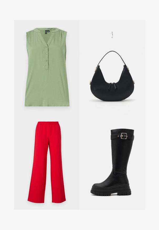 Top sans manches vert clair avec un devant boutonné, un décolleté en V, des détails froncés aux épaules et une texture lisse.; Pantalons larges rouges avec une taille élastique, fabriqués à partir d'un matériau léger et lisse. Le design ne présente aucun détail métallique visible ni motif.; Bottes noires montantes en cuir lisse avec une semelle en caoutchouc épaisse et un accent en métal sur la sangle supérieure.; Sac à main en cuir noir avec une forme incurvée, fermeture éclair, deux pompons noirs et des accents en métal argenté, y compris un détail d'attache unique.