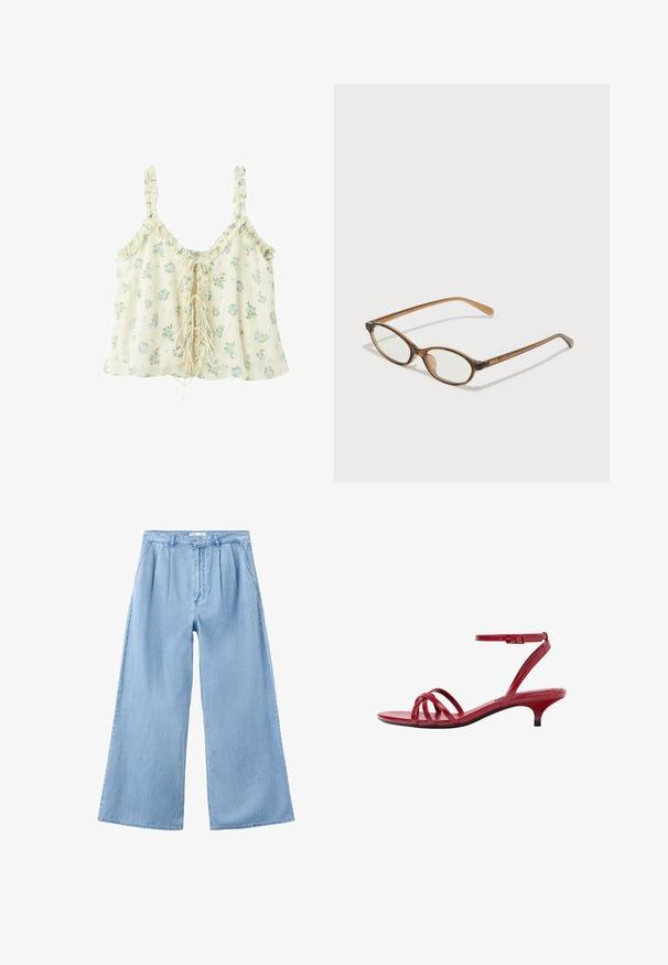 Camisole florale crème avec fleurs bleues, bordures à volants, bretelles fines et détail à lacets sur le devant avec longs liens.; Pantalon en jean bleu clair à jambes larges, avec plis devant, poches latérales et taille avec passants pour ceinture.; Sandale en cuir verni rouge avec fines lanières croisées, boucle à la cheville, bout ouvert et petit talon kitten.; Lunettes en écaille de tortue marron avec des verres ovales, des branches fines et des accents transparents. Présente un logo subtil sur la branche. Design élégant et léger.