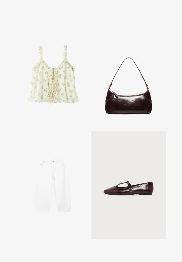 Camisole florale crème avec fleurs bleues, bordures à volants, bretelles fines et détail à lacets sur le devant avec longs liens.; Jean en denim blanc coupe ample avec fermeture par bouton et zip, passants de ceinture et poches avant, présenté sur un fond uni.; Chaussure plate en cuir bordeaux foncé avec un bout pointu et une fine bride en T avec une boucle argentée sur fond blanc.; Sac à bandoulière en cuir marron foncé avec une seule sangle et une fermeture éclair, forme rectangulaire avec des bords arrondis sur fond blanc.